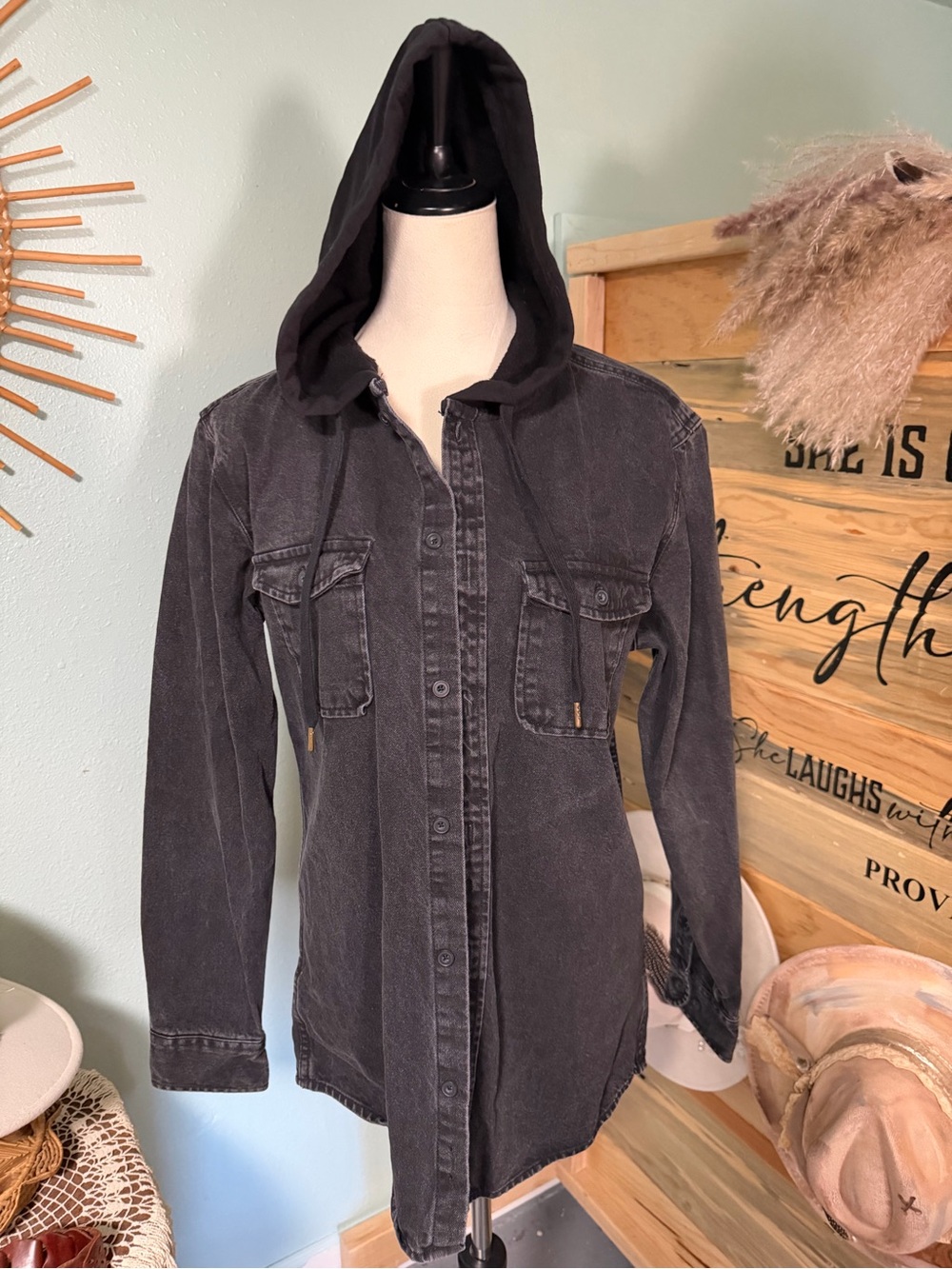 No Boundaries Black Washed Hooded Denim Jacket